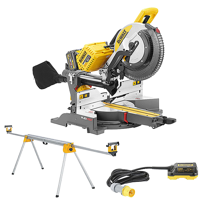 DEWALT DHS780T2 54V Mitre Saw With Leg Stand & 110v Adaptor